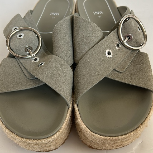 Zara espadrille platform sandal slide silver buckle sage gray green suede - Picture 6 of 16